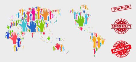 Election worldwide map and seal stamps. Red rectangle Top Pick grunge seal stamp. Colorful worldwide map mosaic of upwards voting hands. Vector collage for election day, and referendum results.のイラスト素材