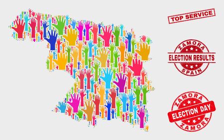 Democracy Zamora Province map and seal stamps. Red rectangle Top Service grunge seal. Bright Zamora Province map mosaic of upwards vote arms. Vector combination for election day, and ballot results.のイラスト素材