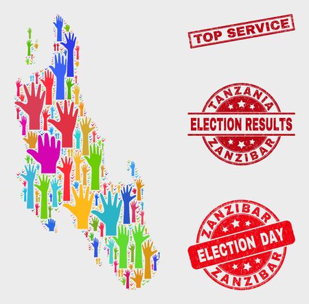 Ballot Zanzibar Island map and seal stamps. Red rectangular Top Service grunge seal. Colorful Zanzibar Island map mosaic of upwards voting arms. Vector combination for election day,のイラスト素材