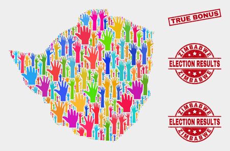 Election Zimbabwe map and stamps. Red rectangle True Bonus distress watermark. Colorful Zimbabwe map mosaic of raised ballot arms. Vector collage for election day, and ballot results.のイラスト素材