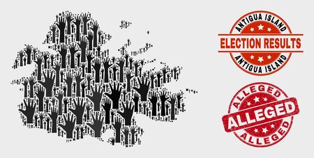 Vote Antigua Island map and seal stamps. Red rounded Alleged distress seal. Black Antigua Island map mosaic of raised up volunteer arms. Vector combination for referendum results,のイラスト素材