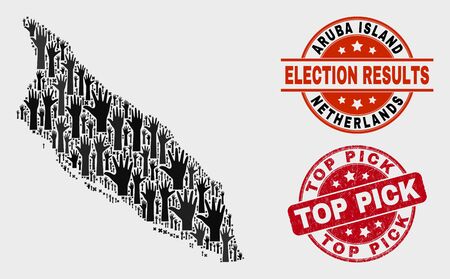 Political Aruba Island map and stamps. Red rounded Top Pick grunge seal stamp. Black Aruba Island map mosaic of raised support arms. Vector composition for ballot results, with Top Pick seal.のイラスト素材
