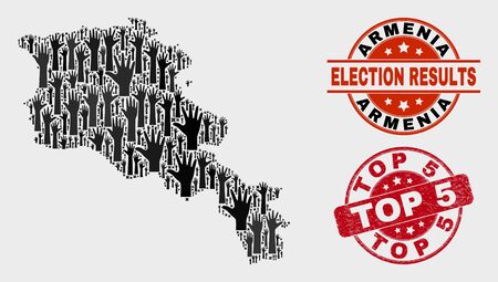 Election Armenia map and seal stamps. Red rounded Top 5 grunge stamp. Black Armenia map mosaic of raised up election arms. Vector collage for election results, with Top 5 stamp.のイラスト素材
