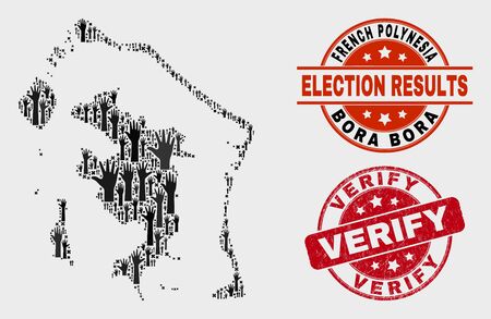 Voting Bora-Bora map and seals. Red rounded Verify scratched watermark. Black Bora-Bora map mosaic of raised ballot arms. Vector collage for ballot results, with Verify watermark.のイラスト素材