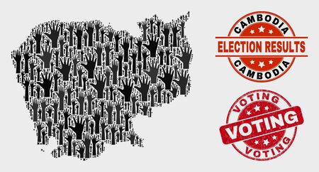 Patriotic Cambodia map and seal stamps. Red round Voting textured seal stamp. Black Cambodia map mosaic of raised up choice hands. Vector composition for election results, with Voting seal.のイラスト素材