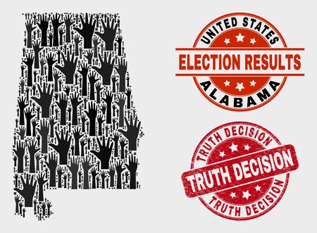 Electoral Alabama State map and stamps. Red round Truth Decision textured seal. Black Alabama State map mosaic of raised up election hands. Vector composition for election results,のイラスト素材