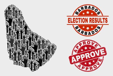 Political Barbados map and seal stamps. Red rounded Approve textured seal stamp. Black Barbados map mosaic of upwards agree hands. Vector combination for election results, with Approve stamp.のイラスト素材