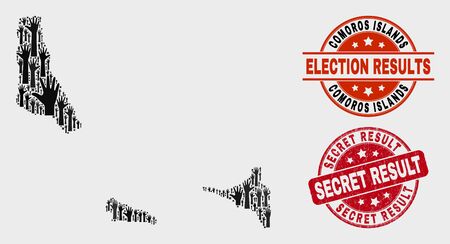 Electoral Comoros Islands map and seal stamps. Red rounded Secret Result grunge seal. Black Comoros Islands map mosaic of raised up solution hands. Vector collage for referendum results,のイラスト素材