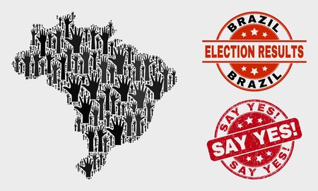 Election Brazil map and seal stamps. Red round Say Yes! distress watermark. Black Brazil map mosaic of raised election hands. Vector composition for referendum results, with Say Yes! seal.のイラスト素材