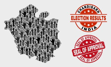 Vote Chandigarh City map and stamps. Red round Seal of Approval textured seal stamp. Black Chandigarh City map mosaic of raised up agree arms. Vector collage for ballot results,のイラスト素材