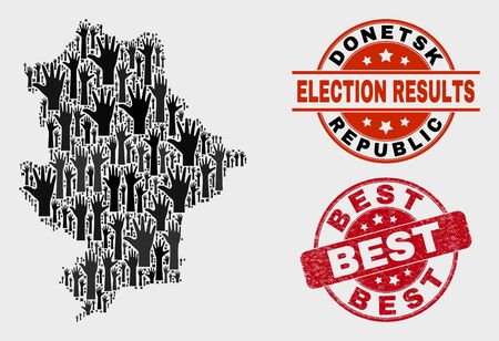 Election Donetsk Republic map and seal stamps. Red rounded Best textured seal stamp. Black Donetsk Republic map mosaic of raised up choice arms. Vector collage for election results, with Best stamp.のイラスト素材