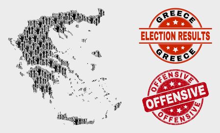 Vote Greece map and seal stamps. Red rounded Offensive distress stamp. Black Greece map mosaic of upwards decision hands. Vector combination for ballot results, with Offensive stamp.のイラスト素材