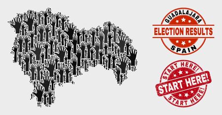 Ballot Guadalajara Province map and seal stamps. Red rounded Start Here! textured watermark. Black Guadalajara Province map mosaic of raised referendum arms. Vector collage for referendum results,のイラスト素材
