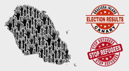 Vote Graciosa Island map and seals. Red round Stop Refugees scratched stamp. Black Graciosa Island map mosaic of raised up decision arms. Vector collage for ballot results,のイラスト素材
