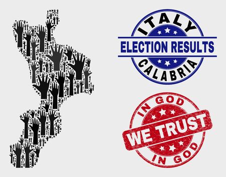 Ballot Calabria region map and seal stamps. Red rounded In God We Trust distress seal stamp. Black Calabria region map mosaic of raised up ballot hands. Vector combination for election results,のイラスト素材