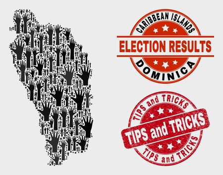 Poll Dominica Island map and seal stamps. Red round Tips and Tricks distress seal stamp. Black Dominica Island map mosaic of raised up choice hands. Vector collage for election results,のイラスト素材