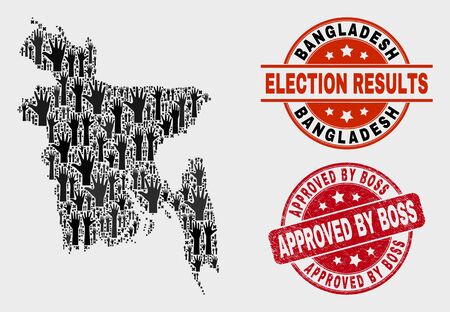 Democracy Bangladesh map and seals. Red round Approved by Boss scratched seal stamp. Black Bangladesh map mosaic of upwards like arms. Vector composition for referendum results,のイラスト素材