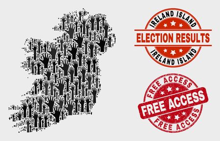 Political Ireland Island map and seal stamps. Red rounded Free Access textured seal stamp. Black Ireland Island map mosaic of raised up help hands. Vector collage for referendum results,のイラスト素材