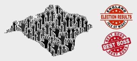 Election Isle of Wight map and seal stamps. Red rounded Best Boss distress seal stamp. Black Isle of Wight map mosaic of upwards ballot hands. Vector composition for election results,のイラスト素材