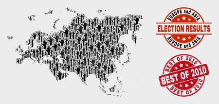 Electoral Europe and Asia map and seals. Red round Best of 2010 textured stamp. Black Europe and Asia map mosaic of raised electoral hands. Vector collage for election results,のイラスト素材