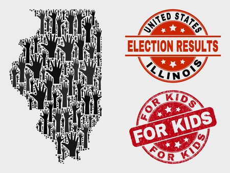 Patriotic Illinois State map and stamps. Red round For Kids scratched seal stamp. Black Illinois State map mosaic of raised up help arms. Vector composition for referendum results,のイラスト素材