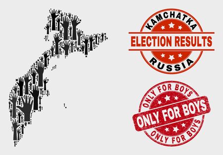 Democracy Kamchatka map and seal stamps. Red round Only for Boys scratched seal stamp. Black Kamchatka map mosaic of raised help hands. Vector composition for ballot results, with Only for Boys seal.のイラスト素材