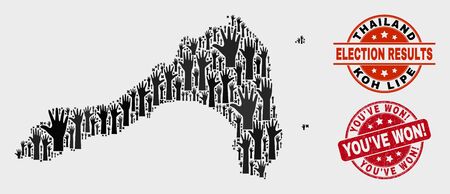 Election Koh Lipe map and seal stamps. Red round You'Ve Won! grunge seal. Black Koh Lipe map mosaic of raised voting hands. Vector collage for election results, with You'Ve Won! seal.のイラスト素材