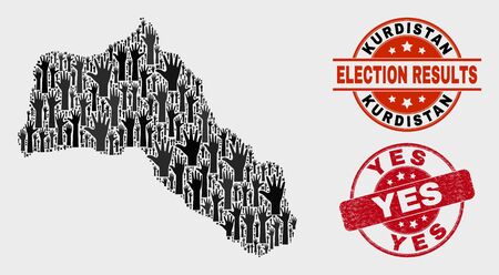 Democracy Kurdistan map and seal stamps. Red round Yes textured seal stamp. Black Kurdistan map mosaic of raised up agree arms. Vector collage for referendum results, with Yes stamp.のイラスト素材