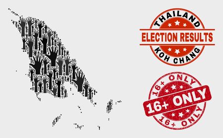 Ballot Koh Chang map and seal stamps. Red round 16+ Only distress stamp. Black Koh Chang map mosaic of upwards referendum arms. Vector collage for election results, with 16+ Only seal stamp.のイラスト素材