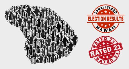 Election Lanai Island map and seal stamps. Red rounded Rated 21 scratched seal. Black Lanai Island map mosaic of raised referendum hands. Vector combination for election results, with Rated 21 seal.のイラスト素材