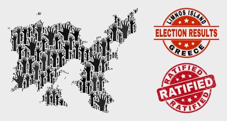 Ballot Limnos Island map and seal stamps. Red rounded Ratified grunge seal stamp. Black Limnos Island map mosaic of raised election hands. Vector combination for ballot results, with Ratified stamp.のイラスト素材