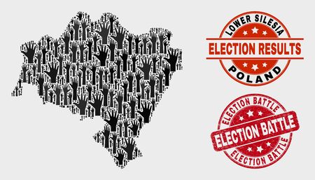 Patriotic Lower Silesia Province map and seal stamps. Red round Election Battle textured seal stamp. Black Lower Silesia Province map mosaic of raised electoral arms.のイラスト素材