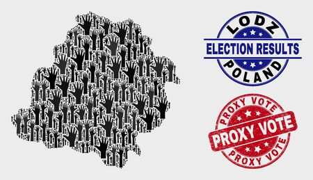 Political Lodz Voivodeship map and seal stamps. Red round Proxy Vote grunge seal stamp. Black Lodz Voivodeship map mosaic of upwards raising hands. Vector collage for referendum results,のイラスト素材