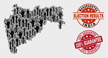 Ballot Maharashtra State map and watermarks. Red round 100% Guarantee grunge watermark. Black Maharashtra State map mosaic of upwards agree arms. Vector composition for referendum results,のイラスト素材