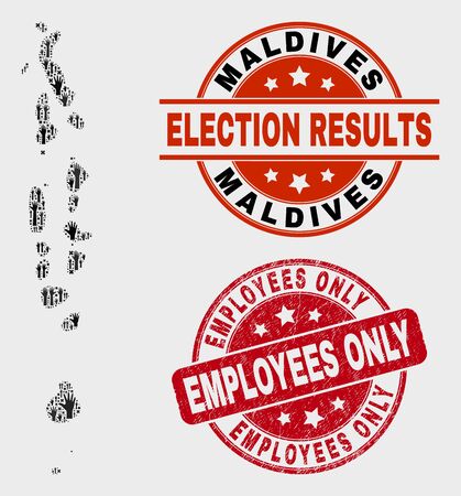 Ballot Maldives map and seal stamps. Red rounded Employees Only distress stamp. Black Maldives map mosaic of raised choice arms. Vector combination for ballot results, with Employees Only seal stamp.のイラスト素材