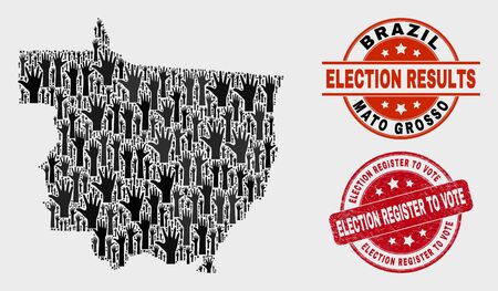 Ballot Mato Grosso State map and stamps. Red rounded Election Register to Vote grunge seal. Black Mato Grosso State map mosaic of upwards vote arms. Vector combination for ballot results,のイラスト素材