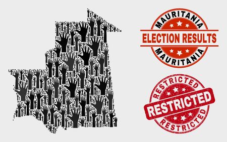 Ballot Mauritania map and seals. Red round Restricted textured seal stamp. Black Mauritania map mosaic of upwards vote hands. Vector combination for ballot results, with Restricted seal stamp.のイラスト素材