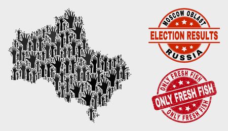 Vote Moscow Region map and watermarks. Red rounded Only Fresh Fish distress seal stamp. Black Moscow Region map mosaic of upwards volunteer hands. Vector combination for ballot results,のイラスト素材
