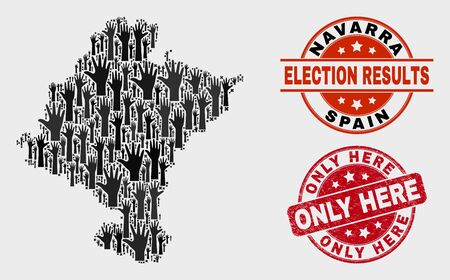 Patriotic Navarra Province map and seal stamps. Red rounded Only Here distress seal stamp. Black Navarra Province map mosaic of upwards ballot hands. Vector collage for ballot results,のイラスト素材