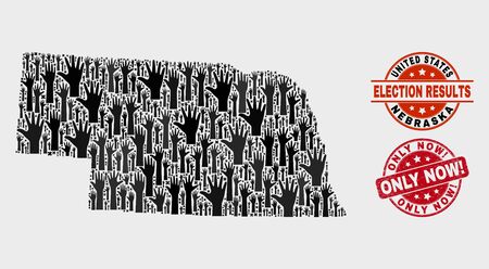 Electoral Nebraska State map and seals. Red rounded Only Now! distress seal stamp. Black Nebraska State map mosaic of raised up support hands. Vector composition for ballot results,のイラスト素材