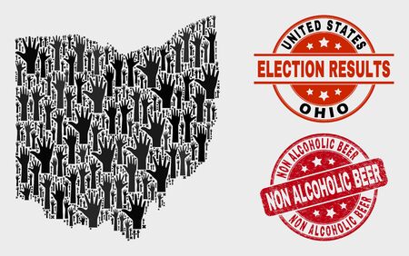 Vote Ohio State map and seal stamps. Red round Non Alcoholic Beer textured seal. Black Ohio State map mosaic of raised up help arms. Vector collage for referendum results,のイラスト素材