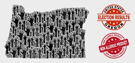 Ballot Oregon State map and seals. Red rounded Non Allergic Product textured seal stamp. Black Oregon State map mosaic of raised selection arms. Vector collage for ballot results,のイラスト素材