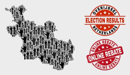 Election Overijssel Province map and stamps. Red round Online Rebate textured seal stamp. Black Overijssel Province map mosaic of raised up agree arms. Vector combination for election results,のイラスト素材