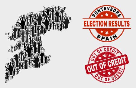 Democracy Pontevedra Province map and watermarks. Red rounded Out of Credit scratched seal stamp. Black Pontevedra Province map mosaic of raised ballot hands.のイラスト素材
