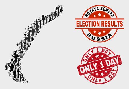 Voting Novaya Zemlya Islands map and seal stamps. Red round Only 1 Day textured seal stamp. Black Novaya Zemlya Islands map mosaic of raised up help arms. Vector composition for ballot results,のイラスト素材
