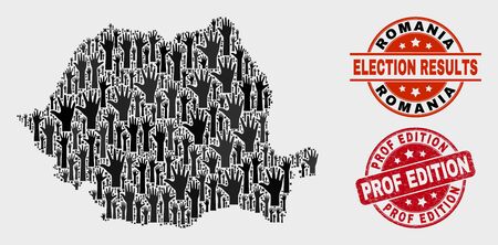 Election Romania map and seals. Red round Prof Edition grunge seal stamp. Black Romania map mosaic of raised voting arms. Vector composition for ballot results, with Prof Edition seal.のイラスト素材