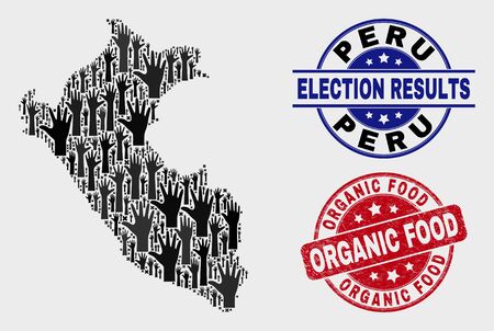 Election Peru map and stamps. Red round Organic Food distress seal stamp. Black Peru map mosaic of upwards voting arms. Vector combination for referendum results, with Organic Food seal stamp.のイラスト素材