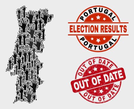 Electoral Portugal map and stamps. Red rounded Out of Date distress seal stamp. Black Portugal map mosaic of raised up raising hands. Vector combination for referendum results,のイラスト素材