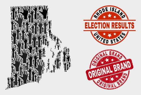 Political Rhode Island State map and seal stamps. Red round Original Brand textured seal. Black Rhode Island State map mosaic of upwards vote hands. Vector collage for election results,のイラスト素材
