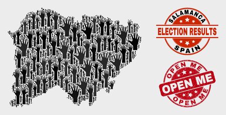Voting Salamanca Province map and watermarks. Red rounded Open Me distress seal stamp. Black Salamanca Province map mosaic of raised up selection arms. Vector collage for referendum results,のイラスト素材